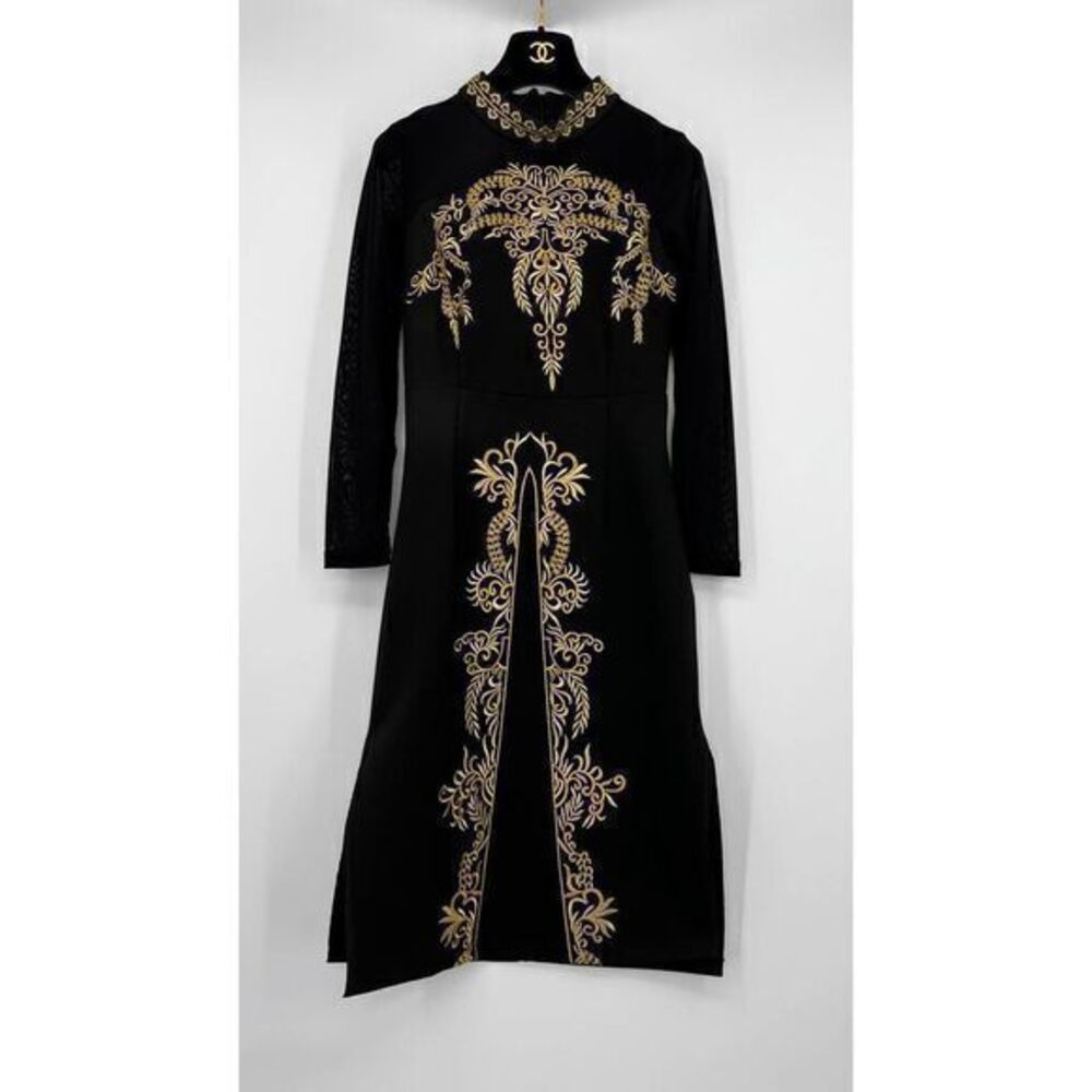 METESIN NWT Black with Gold Detail Embroidered Tunic Dress SMALL